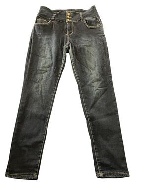 High-Rise Slimming Dark Blue Columbian Skinny Jeans with Triple-Button Waist